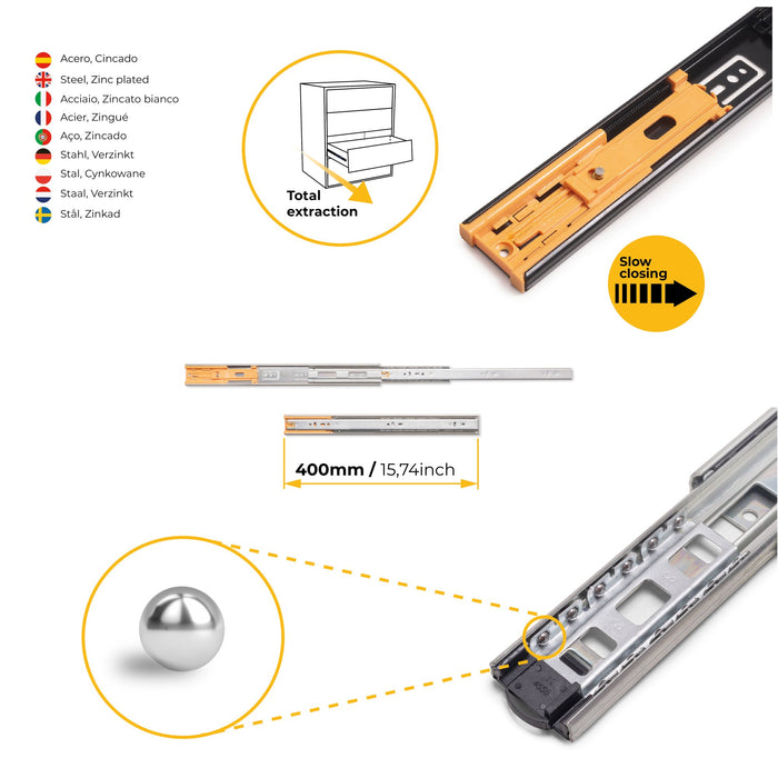 5er Satz Kugelführungen, H 45mm, T 400mm, Vollauszug, Schließautomatik, Verzinkt