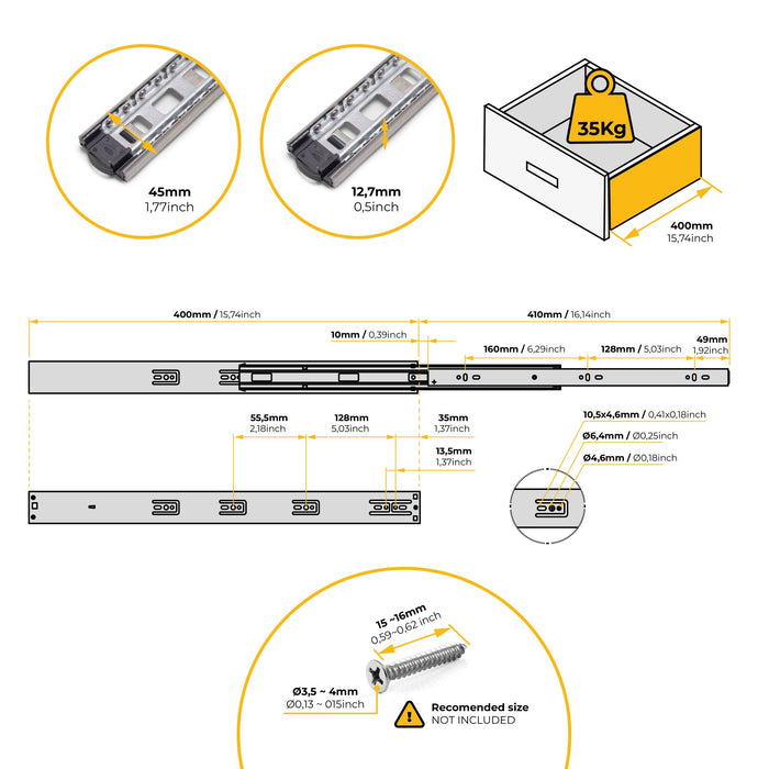 5er Satz Kugelführungen, H 45mm, T 400mm, Vollauszug, Schließautomatik, Verzinkt