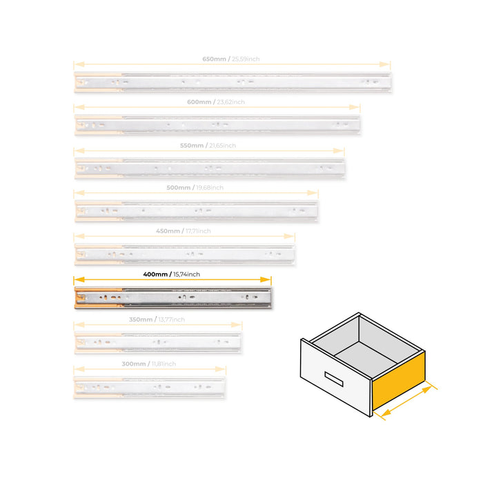 5er Satz Kugelführungen, H 45mm, T 400mm, Vollauszug, Schließautomatik, Verzinkt