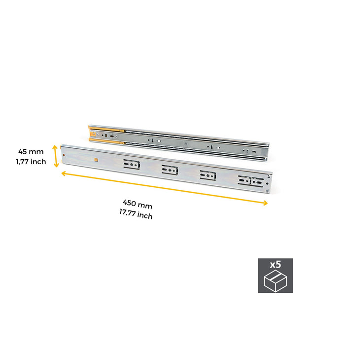 5er Satz Kugelführungen, H 45mm, T 450mm, Vollauszug, Schließautomatik, Verzinkt