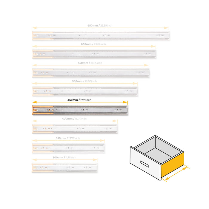 5er Satz Kugelführungen, H 45mm, T 450mm, Vollauszug, Schließautomatik, Verzinkt