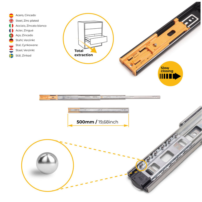 Satz kugelgelagerter Korpusschienen Schubladen Vollauszug, Schließautomatik, H 45mm, L 500mm, Stahl, Verzinkt