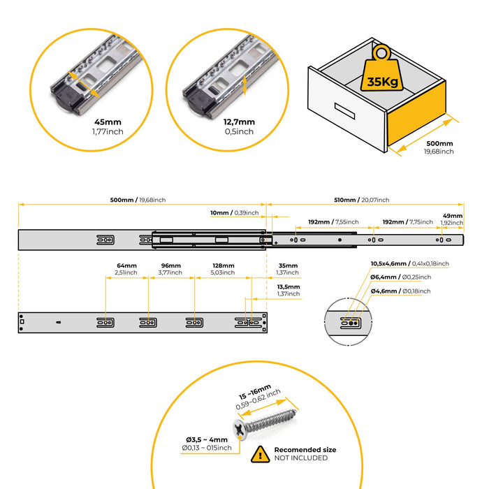 Satz kugelgelagerter Korpusschienen Schubladen Vollauszug, Schließautomatik, H 45mm, L 500mm, Stahl, Verzinkt