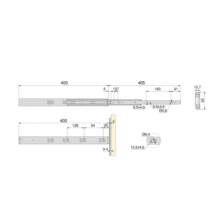 5er Satz Kugelführungen, H 45mm, T 400mm, Vollauszug, Push, Schließautomatik, Verzinkt
