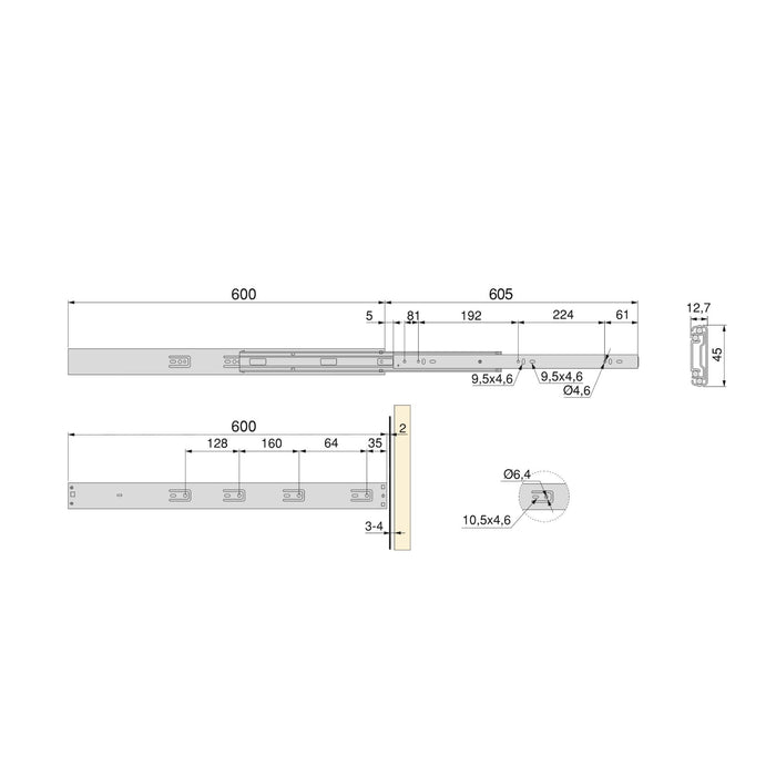 5er Satz Kugelführungen, H 45mm, T 600mm, Vollauszug, Push, Schließautomatik, Verzinkt