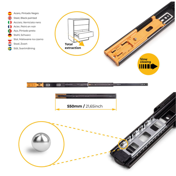 5er Satz Kugelführungen, H 45mm, T 550mm, Vollauszug, Schließautomatik, Schwarz