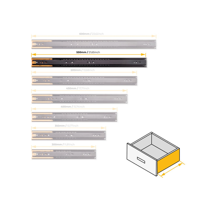 5er Satz Kugelführungen, H 45mm, T 550mm, Vollauszug, Schließautomatik, Schwarz