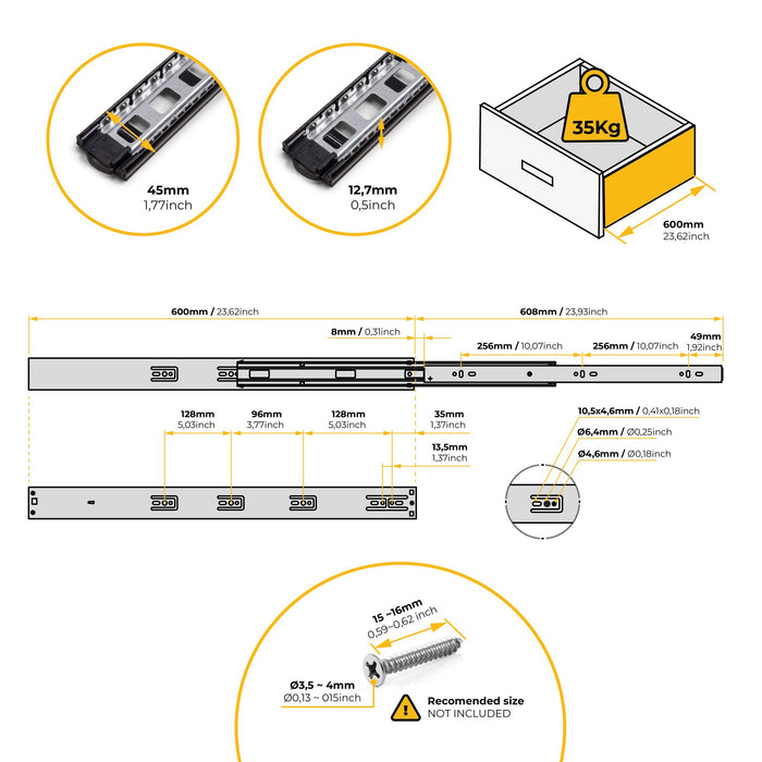 5er Satz Kugelführungen, H 45mm, T 600mm, Vollauszug, Schließautomatik, Schwarz