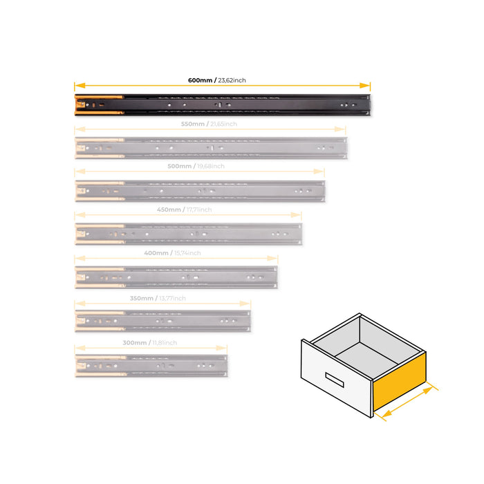 5er Satz Kugelführungen, H 45mm, T 600mm, Vollauszug, Schließautomatik, Schwarz