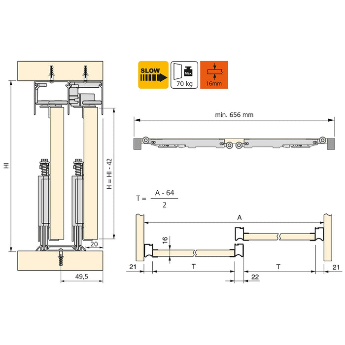 Set aus Hardware set Placard 81 2-Schiebe-Kleiderschrank sanftem Schliessen, Wave-Profil, Stärke 16mm, Paneele nicht inbegriffen, Matt eloxiert