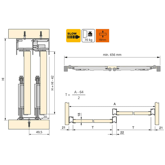 Set aus Hardware set Placard 81 2-schiebig sanft Schliessend Kleiderschrank, Wave Profil, Dicke 18mm, Paneele nicht inbegriffen, Matt eloxiert