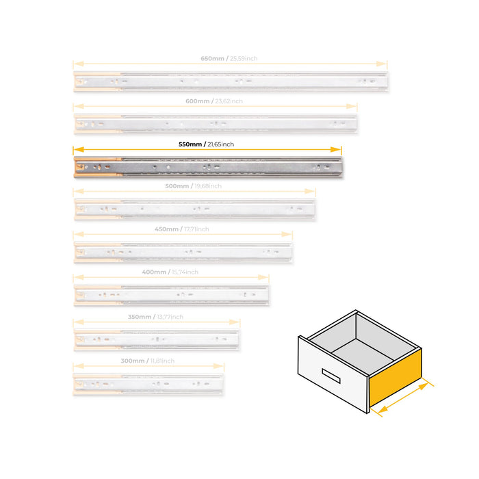 Satz kugelgelagerter Korpusschienen Schubladen Vollauszug, Schließautomatik, H 45mm, L 550mm, Stahl, Verzinkt