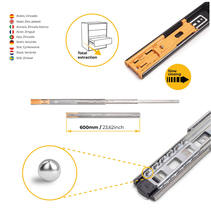 5er Satz Kugelführungen, H 45mm, T 600mm, Vollauszug, Schließautomatik, Verzinkt