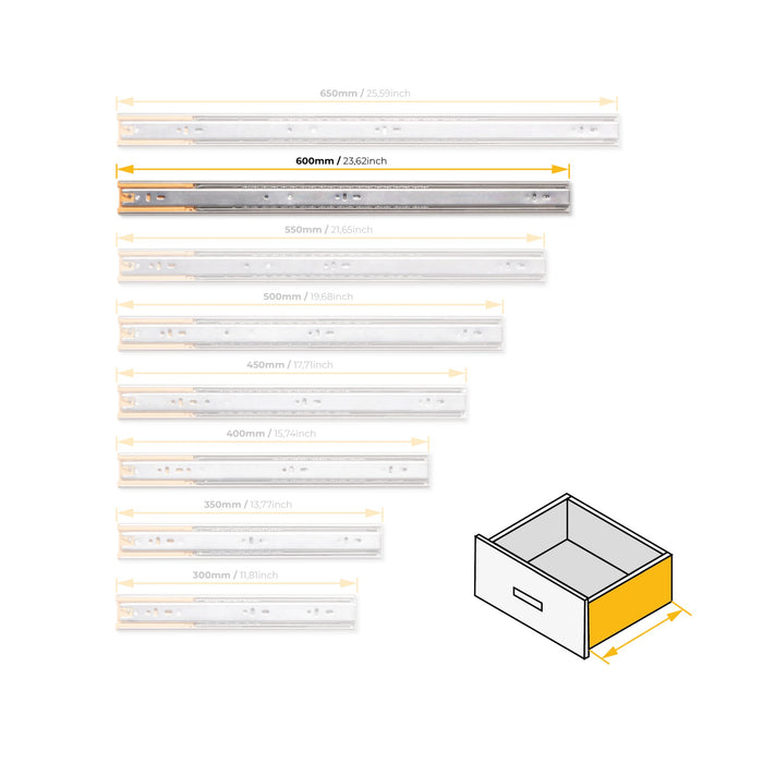 5er Satz Kugelführungen, H 45mm, T 600mm, Vollauszug, Schließautomatik, Verzinkt