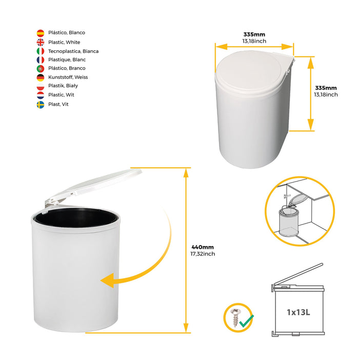 Recyclingbehälter Befestigung an der Möbeltür, 1 ausziehbarer Recycling-Behälter, 13 Liter, Kunststoff, weiss