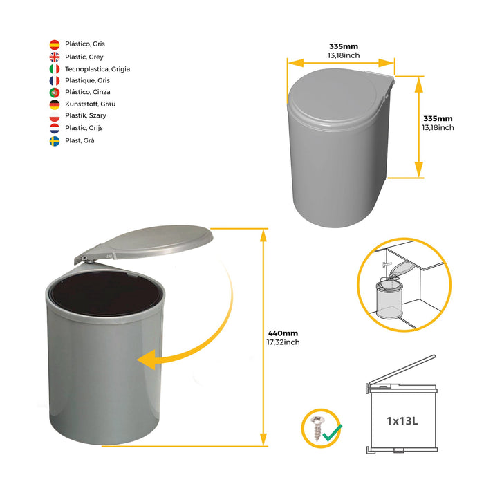 Recyclingbehälter Befestigung an der Möbeltür, 1 1 ausziehbarer Recycling-Recyclingbehälter,13 Liter, Kunststoff, Grau