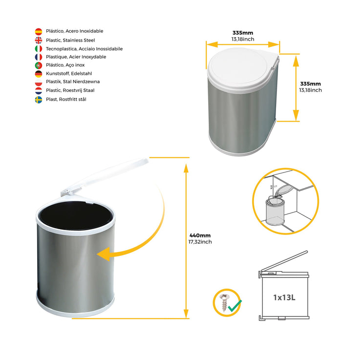 Recyclingbehälter Befestigung an der Möbeltür, 1 ausziehbarer Recycling-Behälter, 13 Liter, Kunststoff Edelstahl