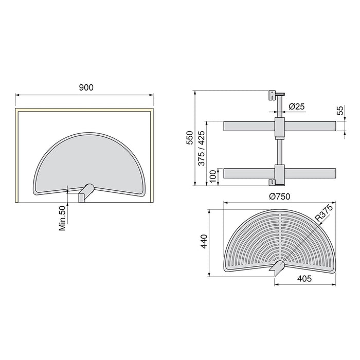 Lot Drehplatten Shelvo 1/2, 900mm Modul, Kunststoff Aluminium, Grau
