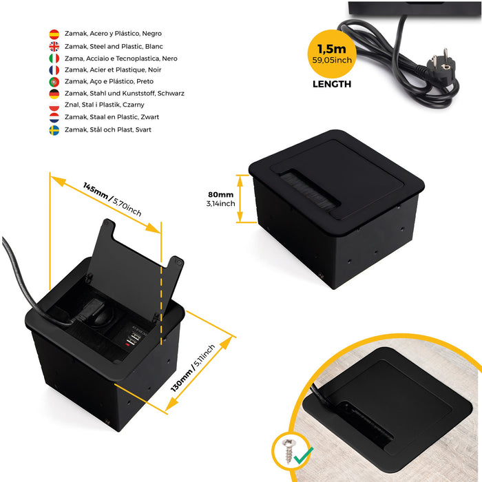 Desktop Multi-Connector Atom 14, 130x115mm, 1 Schuko-Stecker, 2 USB Typ A, 1 HDMI, Stahl Kunststoff Aluminium, Schwarz lackiert
