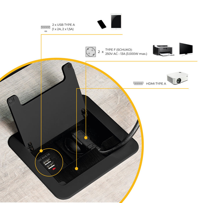 Desktop Multi-Connector Atom 14, 130x115mm, 1 Schuko-Stecker, 2 USB Typ A, 1 HDMI, Stahl Kunststoff Aluminium, Schwarz lackiert