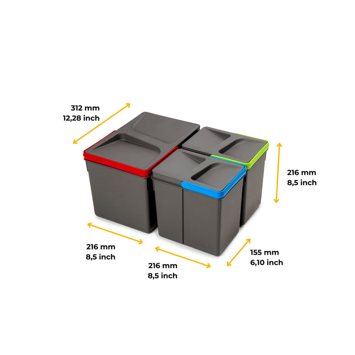 Lot Recyclingbehälter Küchenschublade, H 216mm, 1x12l, 2x6l, Kunststoff anthrazitgrau