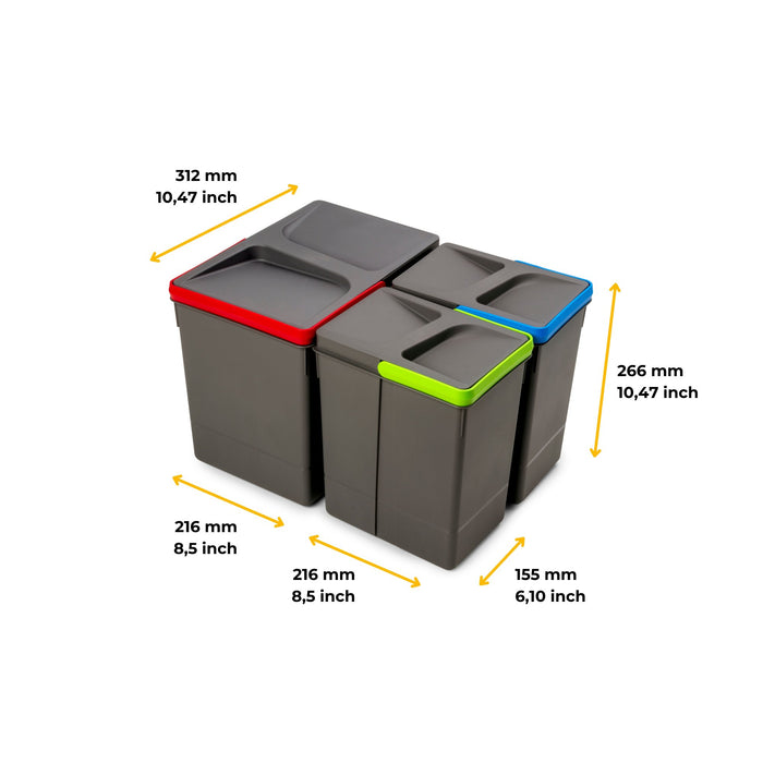 Lot Recyclingbehälter Küchenschublade, H 266mm, 1x15l, 2x7l, Kunststoff anthrazitgrau