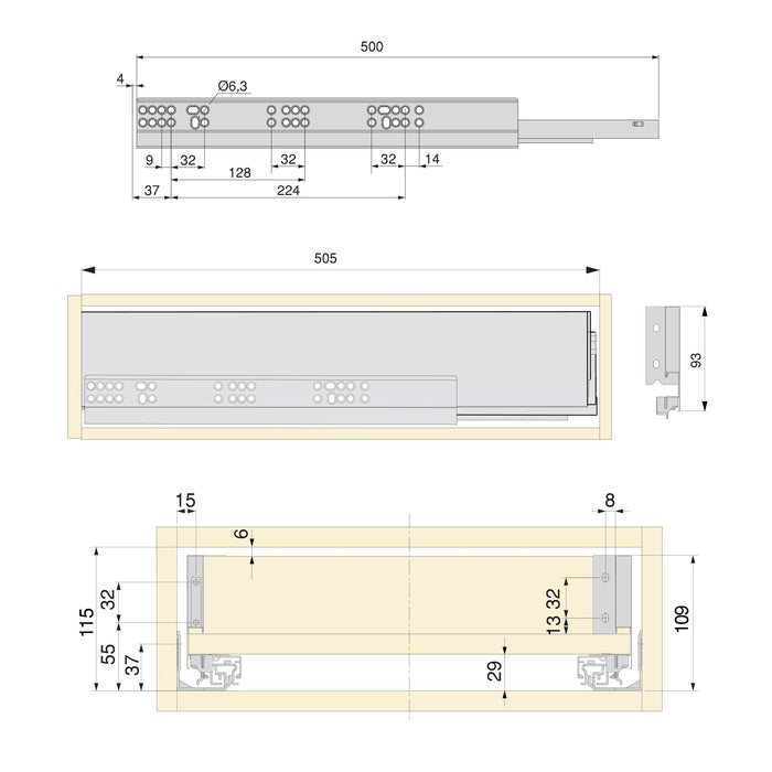 Schubladegarnitur Vertex Küche oder Badezimmer, H 93mm, Einlegeböden, Modul 900mm, Weiß lackiert