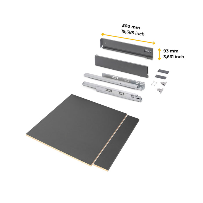Schubladegarnitur Vertex Küche oder Badezimmer, 93 mm hoch, Einlegeböden, Modul 600 mm, Anthrazitgrau