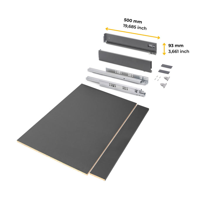 Schubladegarnitur Vertex Küche oder Badezimmer, 93 mm hoch, Einlegeböden, Modul 900 mm, Anthrazitgrau