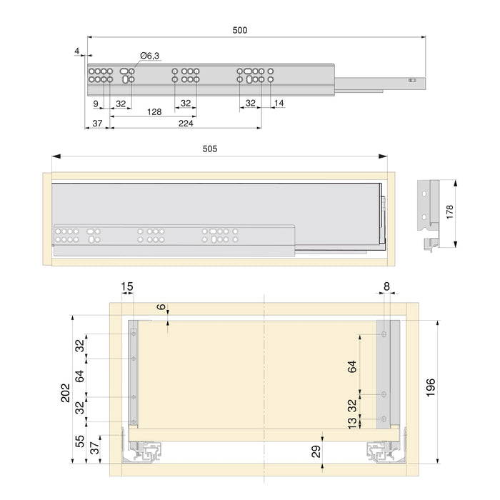 Schubladegarnitur Vertex Küche oder Badezimmer, H 178 mm, Einlegeböden, Modul 600 mm, Weiß lackiert