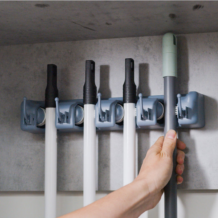 Besen- Mopaufhänger, 5 Haken 4 Aussparungen, Kunststoff, Grau