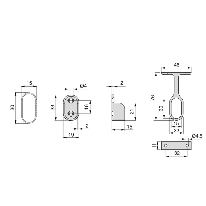 Satz von Schrankschienenset 2 x 1,15m Halterungen, Aluminium Zamak, Matt eloxiert