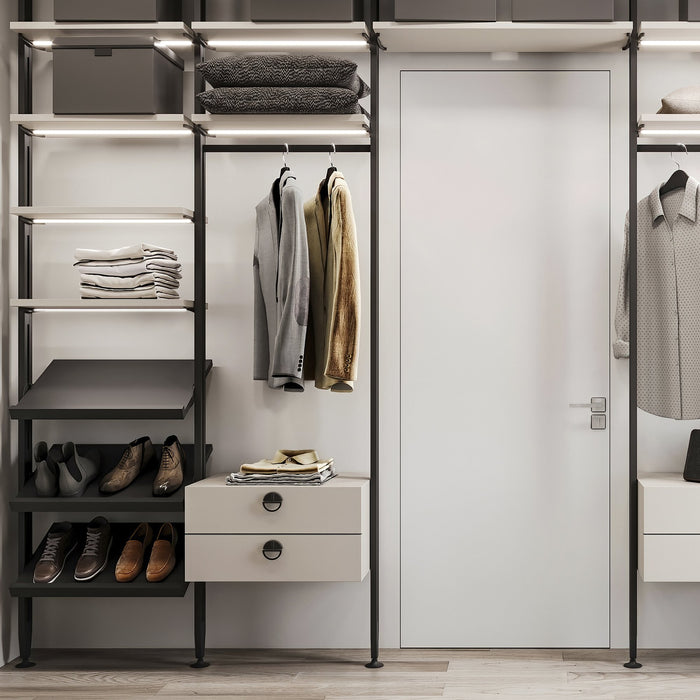 Set aus Bracket set 4 Holzböden 1 Hängestange 1m lang Zero, Aluminium Zamak Kunststoff, Tiefschwarz lackiert texturiert