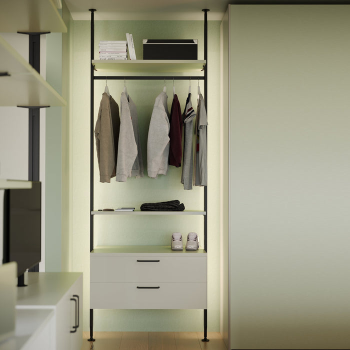 Set aus Bracket set 4 Holzböden 1 Hängestange 1m lang Zero, Aluminium Zamak Kunststoff, Tiefschwarz lackiert texturiert