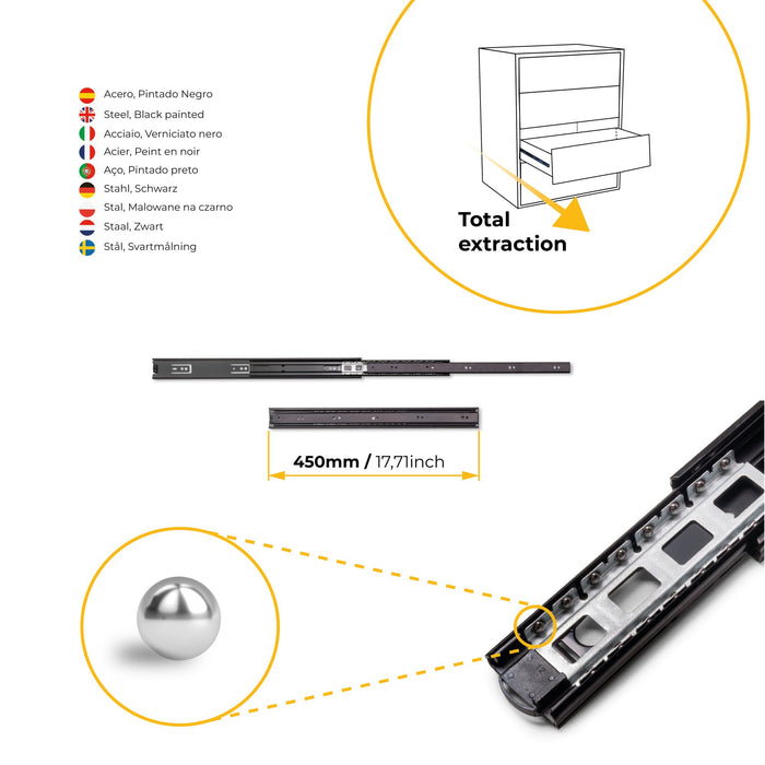 5er Satz Kugelführungen, H 45mm, T 450mm, Vollauszug, Schwarz