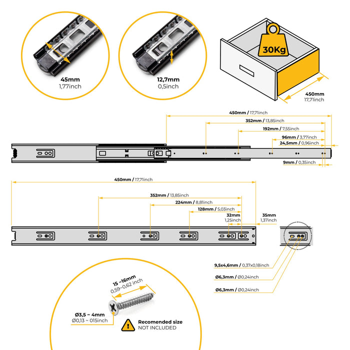 5er Satz Kugelführungen, H 45mm, T 450mm, Vollauszug, Schwarz
