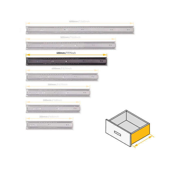 5er Satz Kugelführungen, H 45mm, T 450mm, Vollauszug, Schwarz