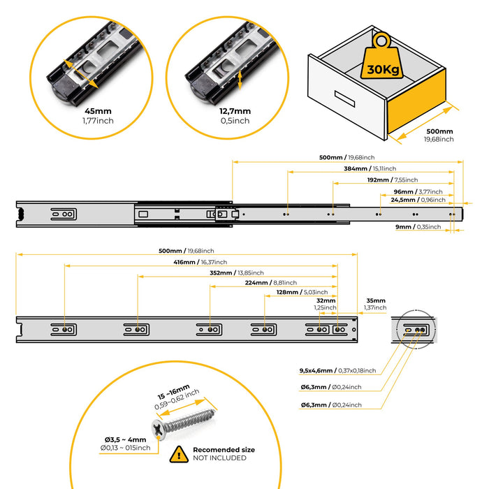 5er Satz Kugelführungen, H 45mm, T 500mm, Vollauszug, Schwarz