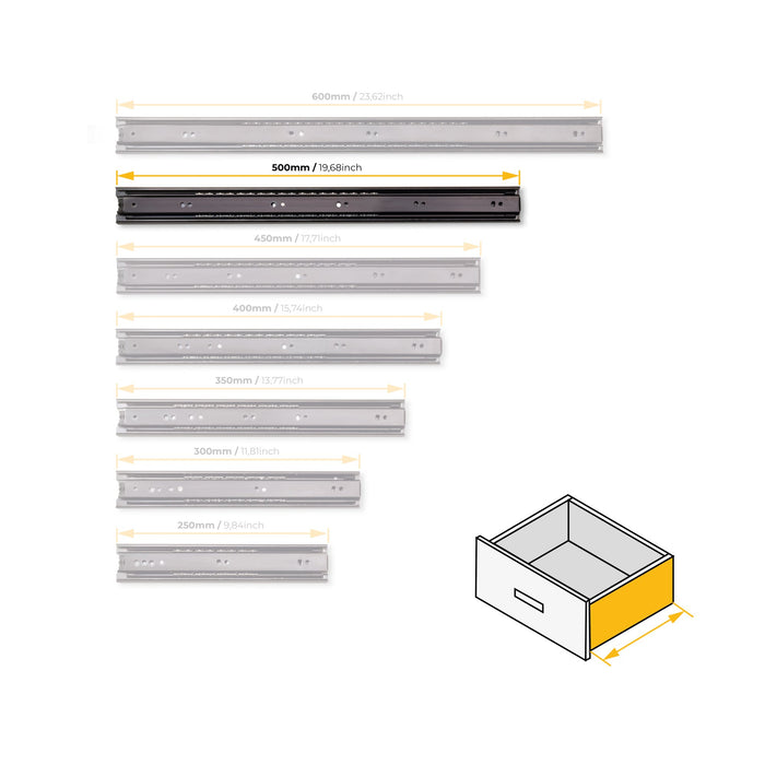 5er Satz Kugelführungen, H 45mm, T 500mm, Vollauszug, Schwarz
