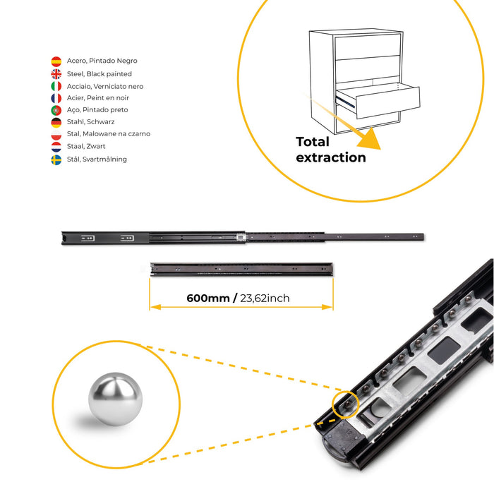 5er Satz Kugelführungen, H 45mm, T 600mm, Vollauszug, Schwarz