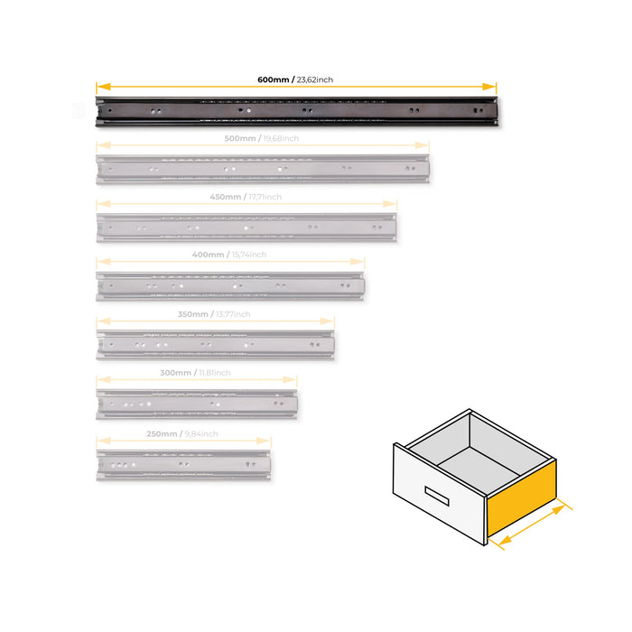 5er Satz Kugelführungen, H 45mm, T 600mm, Vollauszug, Schwarz
