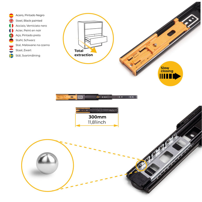 5er Satz Kugelführungen, H 45mm, T 300mm, Vollauszug, Schließautomatik, Schwarz