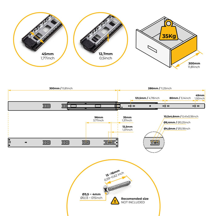 5er Satz Kugelführungen, H 45mm, T 300mm, Vollauszug, Schließautomatik, Schwarz