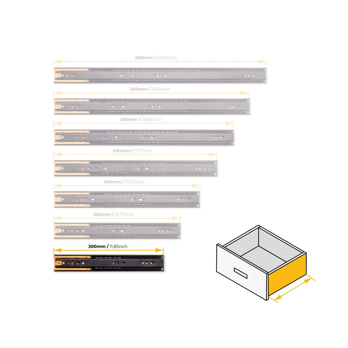 5er Satz Kugelführungen, H 45mm, T 300mm, Vollauszug, Schließautomatik, Schwarz