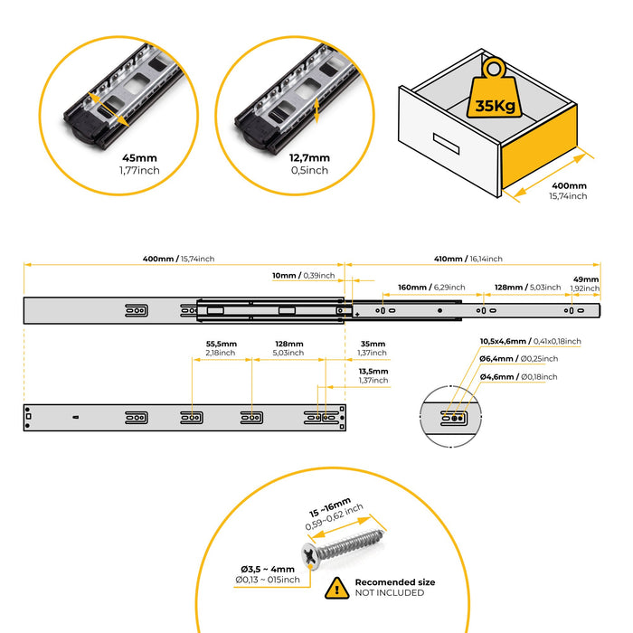 5er Satz Kugelführungen, H 45mm, T 400mm, Vollauszug, Schließautomatik, Schwarz