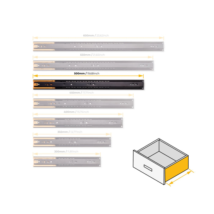 5er Satz Kugelführungen, H 45mm, T 500mm, Vollauszug, Schließautomatik, Schwarz