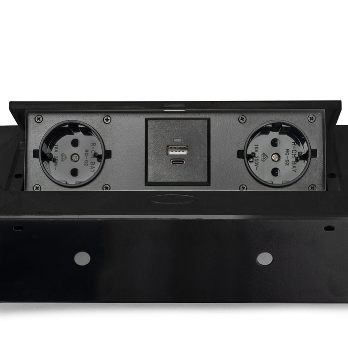 Desktop Multi-Connector Atom 26 Lite 225x111mm, 2 Schuko-Stecker, 1 USB Typ A, 1 USB Typ C, Zamak-Stahl-Kunststoff, Schwarz