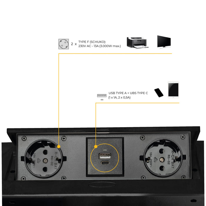 Desktop Multi-Connector Atom 26 Lite 225x111mm, 2 Schuko-Stecker, 1 USB Typ A, 1 USB Typ C, Zamak-Stahl-Kunststoff, Schwarz