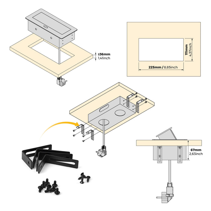 Desktop Multi-Connector Atom 26 Lite 225x111mm, 2 Schuko-Stecker, 1 USB Typ A, 1 USB Typ C, Zamak-Stahl-Kunststoff, Schwarz