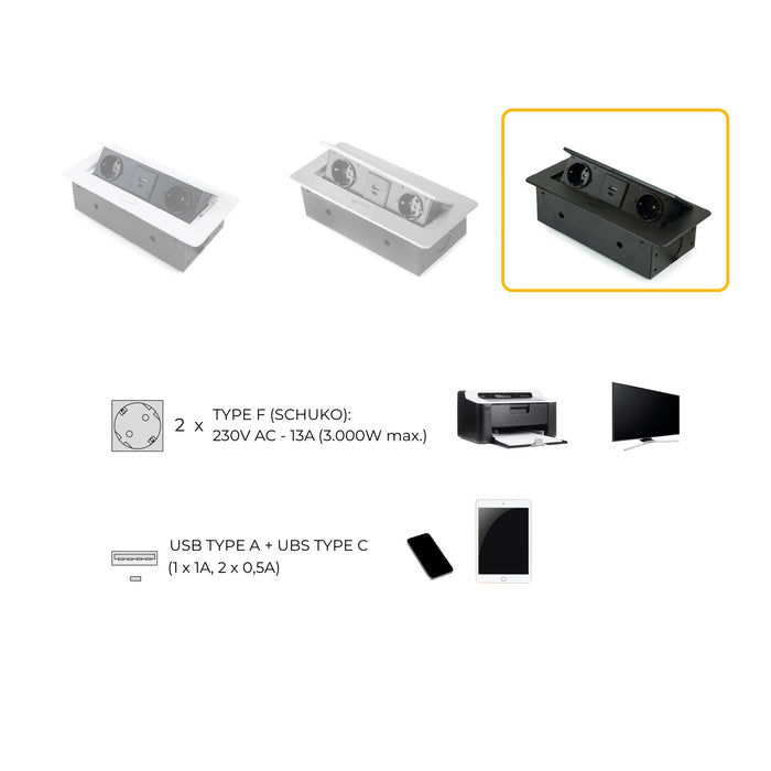Desktop Multi-Connector Atom 26 Lite 225x111mm, 2 Schuko-Stecker, 1 USB Typ A, 1 USB Typ C, Zamak-Stahl-Kunststoff, Schwarz